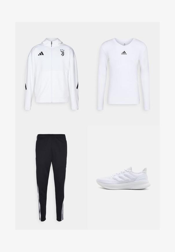 Weißes Sportjackett mit durchgehendem Reißverschluss, Kapuze und schwarzen Akzenten, mit Adidas-Streifen und einem Juventus-Logo auf der Brust.; Langärmliges weißes Sportshirt aus glattem Material mit einem schwarzen Adidas-Logo auf der Brust; V-Ausschnitt-Design und figurbetonte Form.; Schwarze Sporthosen mit lockerer Passform, versehen mit weißen Seitenstreifen, einem Kordelzugbund und zwei Seitentaschen. Hergestellt aus weichem Stoff.; Weiße Sportschuhe mit einem strukturierten Mesh-Obermaterial, einer stützenden gepolsterten Sohle und einem drei Streifen-Design an der Seite.