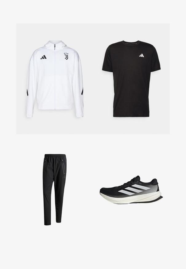 Hvid sportsjakke med lynlås foran, hætte og sorte detaljer, med Adidas-striber og Juventus-logo på brystet.; Sort bomulds T-shirt med korte ærmer, rund hals og et hvidt logo på venstre bryst. Glat tekstur og enkelt design.; Sorte atletiske bukser med elastisk talje, to lynlåslommer på siden, tætsiddende ben og en diskret logo-detalje på hoften.; Sort atletisk sko med mesh-design, der har hvide striber, en rund tå og en tekstureret sål for greb og støtte.