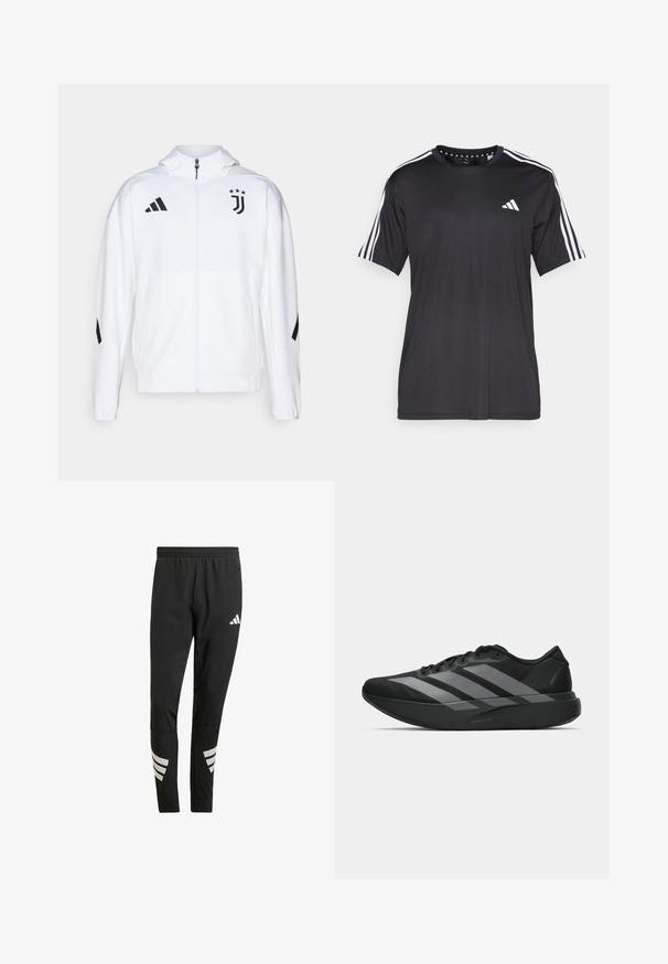 Hvid sportsjakke med lynlås foran, hætte og sorte detaljer, med Adidas-striber og Juventus-logo på brystet.; Sort kortærmet t-shirt med hvidt tre-stribedesign på skuldrene og logo på brystet. Lavet af åndbart stof med en glat tekstur.; Sorte træningsbukser med en elastisk talje, der har reflekterende hvide detaljer i et stribet mønster på underbenene. Fremstillet af et glat stof.; Sorte atletiske sko med et let design, der har tre fremtrædende grå striber, en glat overflade og en formet sål.