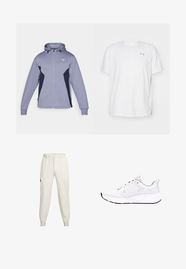 Gaiši violeta zip-up kapuce ar tumši zilu akcentu, aukliņu uzsēdināšanai un garām piedurknēm. Ietver nelielu logotipu uz krūtīm un ribotas aproces.; Baltas īsajiem piedurknēm sporta krekls, izgatavots no gludas auduma. Tam ir apaļa kakla izgriezums un pelēks logo uz kreisās krūtis, kā arī sānu šķēlumi apakšmalā.; Gaiši bežīgas sporta bikses ar elastīgu jostu, sānu kabatām un ribotām bikšu malām; kreisajā gurnā ir melns logo akcenti.; Baltas sporta apavi ar elpojošu sietu augšdaļu, gumijas zoli, strukturētām paneļu detaļām un logo uz papēža. Aprīkoti ar auklām.