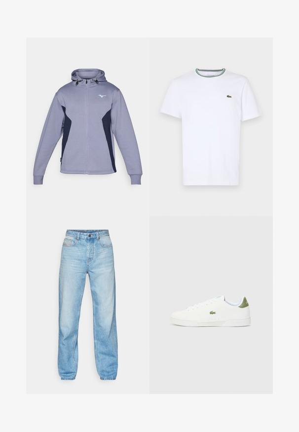 Sudadera con cremallera de color púrpura claro con un acento azul marino, capucha ajustable y mangas largas. Presenta un pequeño logotipo en el pecho y puños acanalados.; Camiseta de algodón blanca de manga corta con cuello de canalé que presenta rayas verdes y negras; pequeño logo verde bordado en el lado izquierdo del pecho.; Jeans de color azul claro hechos de mezclilla, con corte recto, diseño de cinco bolsillos y una cremallera visible con costuras en contraste.; Zapatillas blancas con una textura suave, que presentan un acento verde en el talón y un pequeño logo de cocodrilo bordado en el lateral.