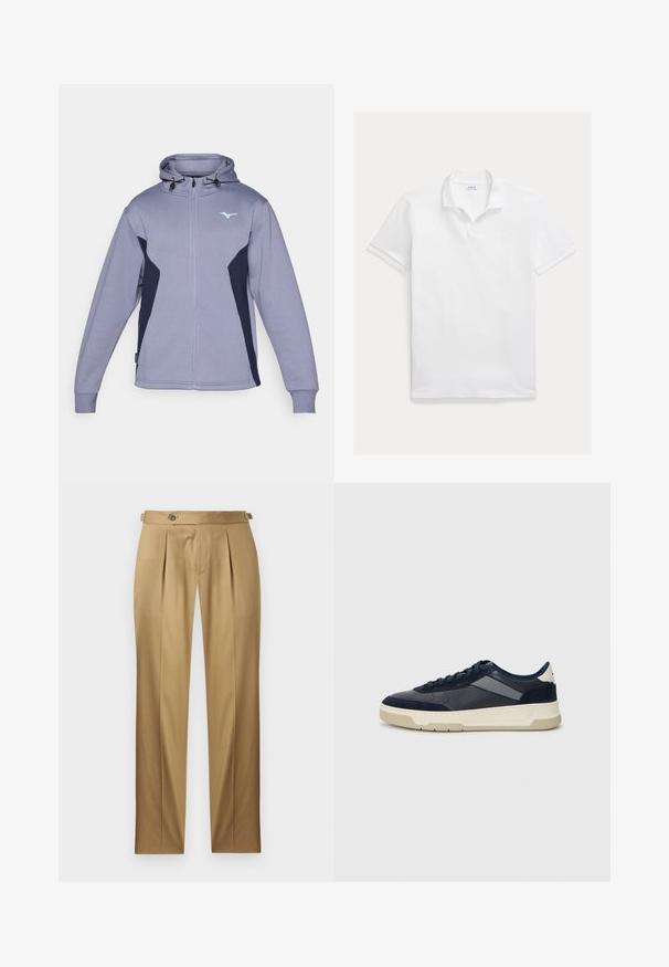 Světle fialová mikina na zip s tmavě modrým akcentem, kapucí na šňůrku a dlouhými rukávy. Obsahuje malé logo na hrudi a žebrované manžety.; Bílá polokošile z bavlny. Má klasický límec, krátké rukávy a vyšívané logo na hrudi. Hladká, lehká textura.; Béžové kalhoty s přímým střihem, které mají záhyby, zapínání na knoflík a poutka na pásek. Hladká tkanina s čistým, upraveným vzhledem.; BOSS BALTIMORE - Tenisky - open blue