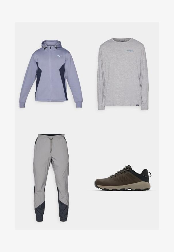 Svetlofialová mikina na zips s námorníckym modrým akcentom, kapucňou na šnúrku a dlhými rukávmi. Na hrudi sa nachádza malé logo a manžety sú rebrované.; Svetlošedé tričko s dlhým rukávom vyrobené z mäkkého, textúrovaného materiálu. Obsahuje okrúhly výstrih a malú modrú Patagonia logo na hrudi.; Ľahké, šedé športové nohavice s čiernymi akcentmi. Elastický pás, sťahovanie pomocou šnúrky, zúžený strih nohavíc a bočné vrecká.; Hnedé vodoodolné tenisky s textúrovaným zvrškom, perforovanými detailmi, čiernou oporou päty a šedou gumovou podrážkou. Šnúrky sú ozdobené kovovými koncami.