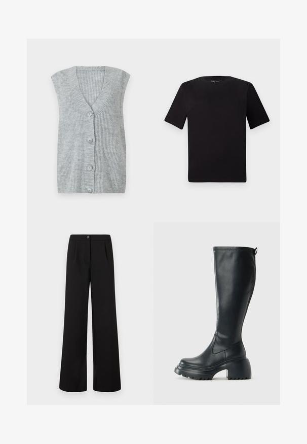 Hallid hallist lõngast ilma varrukateta kardigan, millel on V-kaelus, viie nupuga esine sulgemine ja ribakujundus. Kangas näeb välja pehme ja kerge.; Must olema lühikeste varrukatega must t-särk ümmarguse kaelusega, valmistatud pehmest puuvillast kangast. Lihtne disain, ilma nähtavate logode või mustriteta.; Mustad kõrge vöökohaga laiad püksid, millel on esine nupp ja tõmblukk, ning vöökohal on peened voldid.; Kõrge must nahksaapad, millel on massiivne platvormi tald ja blokk-kand, varustatud tõmbenööriga ja tekstuuriga väljatõmbejääk.