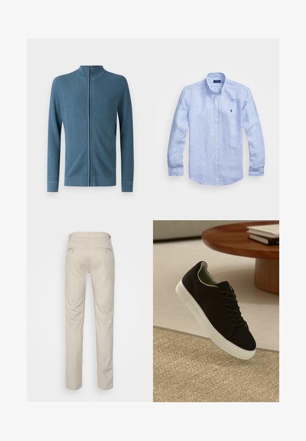 Μπλε φούτερ με ζippers και ψηλό γιακά, ραμμένο σε ριμπ ύφασμα και μακριά μανίκια. Λείο ύφασμα με εφαρμοστή γραμμή και ελάχιστες λεπτομέρειες.; Μπλε και λευκή ριγέ μακρυμάνικη μπλούζα από βαμβάκι, με κλασικό γιακά, εμπρόσθια κουμπιά και ένα μικρό κεντημένο λογότυπο στο στήθος.; Μπεζ παντελόνι με ομαλή υφή, ίσια γραμμή, δύο πίσω τσέπες με κουμπιά και κανονική μέση.; Μαύρο αθλητικό παπούτσι με λευκή σόλα που αιωρείται πάνω από μπεζ υφή χαλιού κοντά σε στρογγυλό ξύλινο τραπέζι με στοίβες βιβλίων.