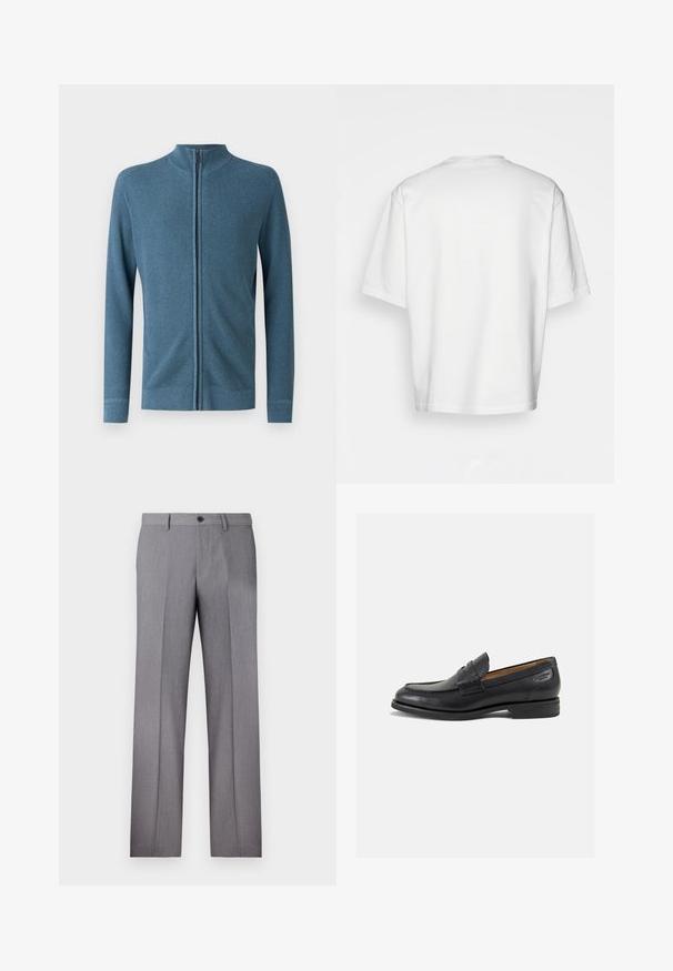 Suéter azul de cremallera con cuello alto, textura acanalada y mangas largas. Tela suave con un diseño ajustado y un detalle mínimo.; Camiseta blanca de manga corta, corte holgado, cuello redondo, tela de algodón suave, parte posterior sin adornos, dobladillo recto, sin patrones ni acentos.; Pantalones grises a medida con frente plano, dos bolsillos laterales y cierre de un botón. Textura suave con un sutil patrón de rayas en relieve.; Mocasines de cuero negro con un acabado suave, punta redondeada y costuras decorativas en la parte superior. Tacón bajo apilado y un ligero brillo.