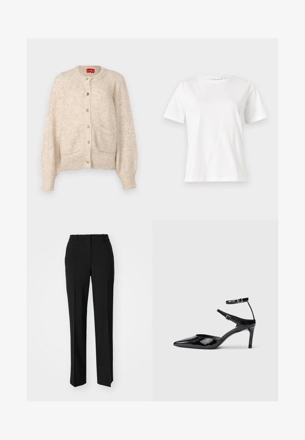Cras CARDIGAN - Casaco de malha - champagne; T-shirt de algodão branco com mangas curtas, decote redondo e um corte descontraído. Textura suave, sem padrões ou detalhes, design minimalista.; Calças pretas de corte ajustado com um design de perna reta, apresentando uma textura lisa e pregas bem definidas na frente. Sem hardware visível.; Sapatos de salto alto em pele sintética preta, com bico fino, tiras ajustáveis ao tornozelo e um salto esguio. Textura suave com um acabamento brilhante.