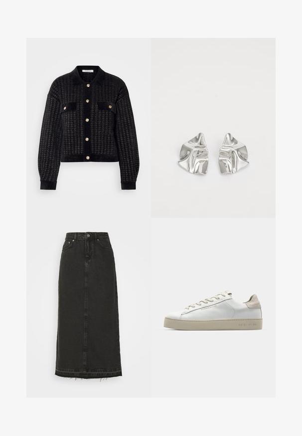 Musthave musta lühike jakk, mis on valmistatud tekstuuritud materjalist, omab nupulahtit, kahe rinna taskuga ning kullatooni nööpe.; Pikad varrukad, kreemika värvi nööbiga särk, mis on valmistatud pehmest kangast. Omab klassikalist kraed ja sirget hemmi koos nööbiga detailidega.; Musträpitud must denim midi seelik, millel on liibuv vöökoht, esiantiknapid ja rebitud ääred. Omab klassikalist viit taskut ja kerget tekstuuri.; Valge nahast toss, millel on sile pind, beežist seemisnahast aktsendid, ümar nina, lame puuvillane pael ja tekstuuriga kummitald.; Hõbedased metallkõrvarõngad lainelise, skulpturaalse disainiga, millel on poleeritud viimistlus ja ebaregulaarsed kujundid, rõhutades kaasaegset esteetikat.