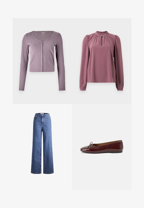 Fitted, long-sleeve cardigan in light purple ribbed fabric. Features a V-neck and six button closures down the front. Simple design and texture.; Long-sleeve mauve blouse with gathered collar, keyhole neckline with button closure, and slightly puffed shoulders.; Light blue denim wide-leg jeans with a high waist, two front pockets, and visible stitching. Features a button and zipper closure.; Burgundy patent leather ballet flat with a rounded toe, small bow accent at the front, and a low, black rubber sole. Smooth texture.