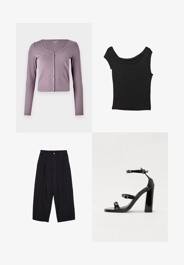 Dobre přiléhavý svetr s dlouhými rukávy v světle fialovém žebrovaném materiálu. Obsahuje výstřih do V a šest knoflíkových zapínání vpředu. Jednoduchý design a textura.; Čierny krátky rukáv top vyrobený z hladkej tkaniny; má prehnutý výstrih a asymetrický lem, s priliehavým telom.; Čierne polyesterové culotte nohavice s elastickým pásom, dvoma prednými záhybmi a voľným strihom. Žiadne viditeľné vzory ani detaily z kovu.; Čierne lakované sandále na podpätku so štvorcovou špičkou, navlečenými remienkami okolo členku a striebornými prackami. Disponujú masívnym blokovým podpätkom pre stabilitu.
