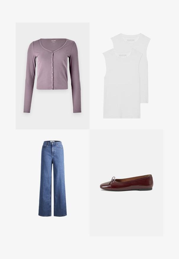 Fitted, long-sleeve cardigan in light purple ribbed fabric. Features a V-neck and six button closures down the front. Simple design and texture.; Two white sleeveless T-shirts made of soft cotton fabric, featuring a rounded neckline and no visible patterns or hardware.; Light blue denim wide-leg jeans with a high waist, two front pockets, and visible stitching. Features a button and zipper closure.; Burgundy patent leather ballet flat with a rounded toe, small bow accent at the front, and a low, black rubber sole. Smooth texture.