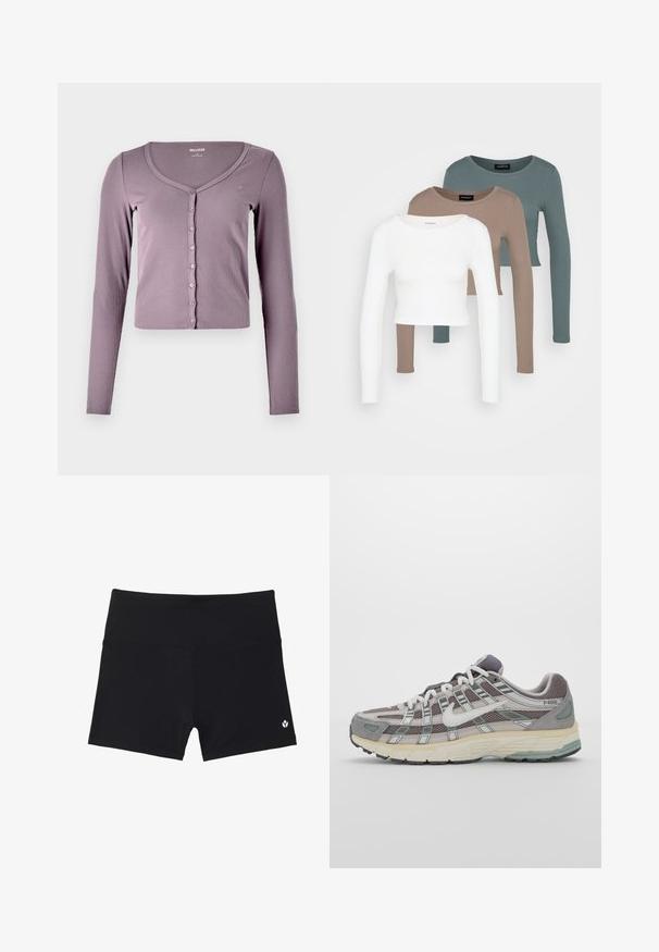 Feszes, hosszú ujjú kardigán világos lila bordázott anyagból. V-kivágással és hat gombos záródással rendelkezik elöl. Egyszerű dizájn és textúra.; Három hosszú ujjú croptop egymásra rakva, színek: fehér, bézs és tompa türkiz, kerek nyakkivágással, világosszürke háttér előtt.; Fekete sportnadrág, rugalmas anyagból készült, magas derékkal, és egy kis fehér logóval az alsó jobb sarokban.; Szürke sportcipő, hálós és velúr felsőrésszel, fehér részletekkel, párnázott talppal és jellegzetes dizájnnal, amely visszaverő elemeket tartalmaz.
