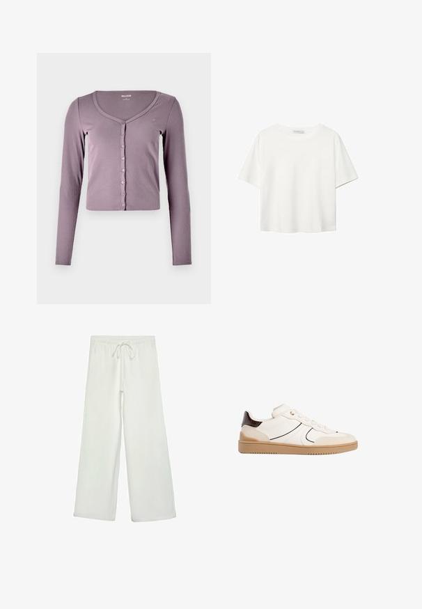 Figurbetonte, langärmlige Strickjacke aus hellviolettem Rippstoff. Verfügt über einen V-Ausschnitt und sechs Knöpfe auf der Vorderseite. Einfaches Design und Textur.; Weißes T-Shirt mit kurzen Ärmeln aus Baumwolle. Hat einen Rundhalsausschnitt und eine lockere Passform. Glatte Textur ohne sichtbare Muster oder Akzente.; Weiße, weit geschnittene Hose aus weichem Stoff. Mit einem elastischen Bund und einem Kordelzug sowie einer glatten Oberfläche. Keine sichtbaren Muster oder Hardware.; Stradivarius Sneaker low - white