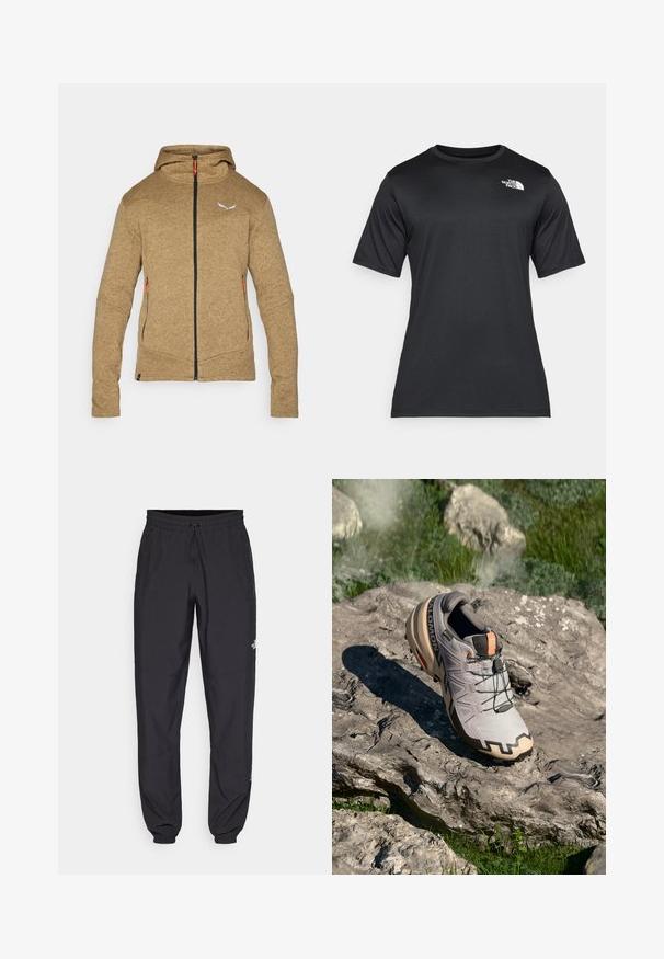 Brown fleece hoodie with a full-length zipper, two side pockets, and an adjustable hood. Features contrasting orange zipper pulls and a logo.; Black short-sleeve t-shirt made of lightweight, moisture-wicking fabric. Features a white logo on the left chest and a crew neckline.; Black athletic pants made from lightweight fabric, featuring a drawstring waistband, side pockets, and tapered cuffs at the ankles.; Light gray trail running shoe with beige accents, textured upper, black laces, and pronounced tread on the sole. Features brand logo.