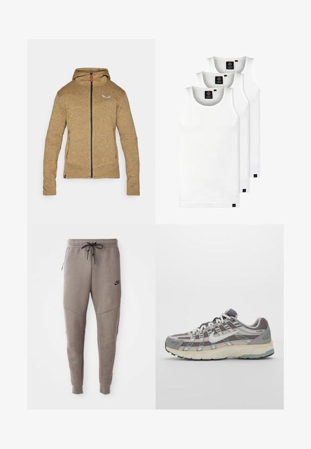 Brun fleece hettegenser med full lengde glidelås, to sidelommer og justerbar hette. Har kontrastfargede oransje glidelåstrikker og en logo.; Tre hvite ribbestrikkede tank topper laget av bomull. Har en rund hals og små svarte etiketter nær kanten. Tilgjengelig i flere størrelser.; Grå Nike joggebukser med snor i midjen, smale ben, sidelommer og distinkte sømdetaljer. Myk, teksturert stoff.; Grå treningssko med overdel i nett og semsket skinn, hvite detaljer, en polstret såle, og et særpreget design med reflekterende elementer.