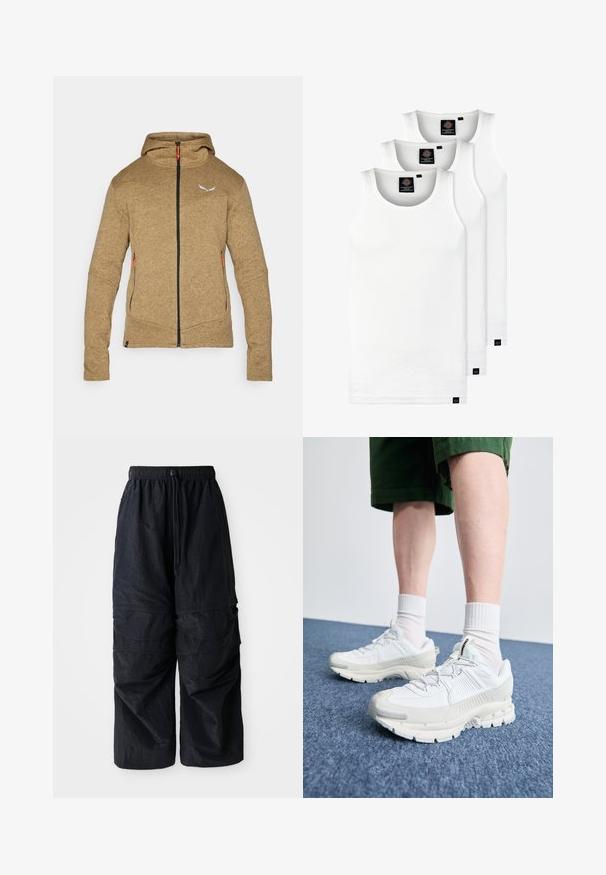 Felpa con cappuccio marrone in pile con zip a lunghezza completa, due tasche laterali e cappuccio regolabile. Presenta tiranti della zip arancioni a contrasto e un logo.; Tre canotte bianche a coste in cotone. Presentano un colletto rotondo e piccole etichette nere vicino all'orlo. Disponibile in diverse taglie.; Pantaloni cargo leggeri neri in nylon con vita elastica, coulisse regolabile e molteplici tasche sovrapposte sulle gambe.; Scarpe da ginnastica bianche con sovrapposizioni testurizzate, suola spessa e accenti grigi. Indossate con calze corte bianche e pantaloni corti verdi su una superficie blu.