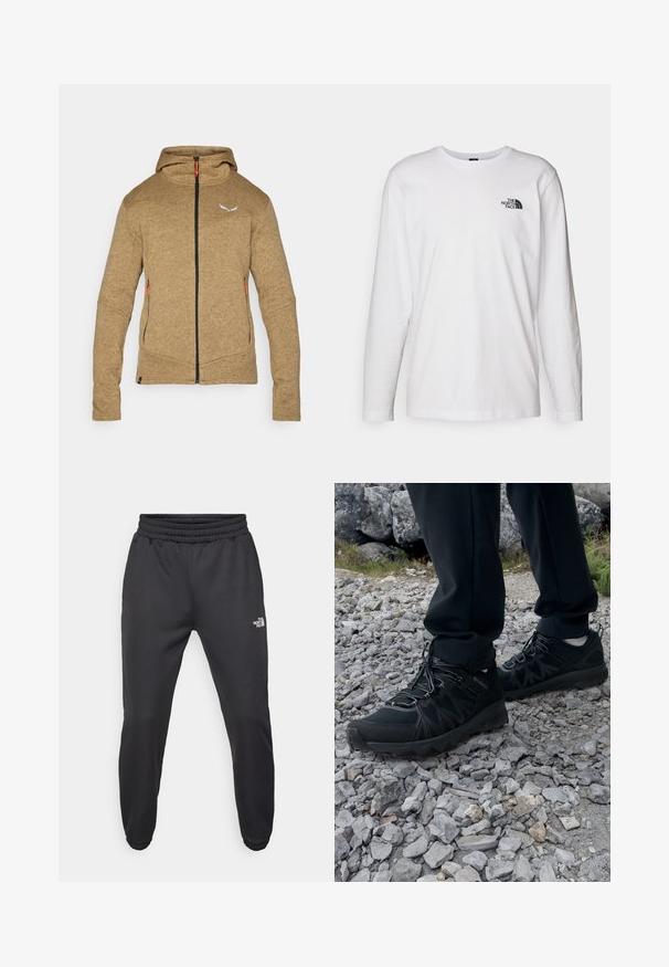 Felpa con cappuccio marrone in pile con zip a lunghezza completa, due tasche laterali e cappuccio regolabile. Presenta tiranti della zip arancioni a contrasto e un logo.; T-shirt bianco a maniche lunghe in cotone con colletto rotondo. Presenta un piccolo logo nero sul petto. Texture liscia, vestibilità regolare.; Pantaloni sportivi neri con vita regolabile tramitecordino, vestibilità affusolata, polsini elasticizzati e un piccolo logo bianco sulla coscia sinistra, realizzati in tessuto morbido.; Scarpe da esterni nere realizzate in mesh e materiale sintetico, con una parte superiore testurizzata, un sistema di allacciatura sicuro e una suola robusta, su terreno roccioso.