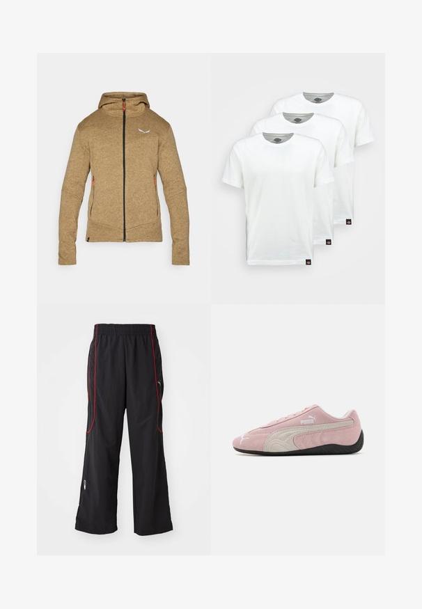Felpa con cappuccio marrone in pile con zip a lunghezza completa, due tasche laterali e cappuccio regolabile. Presenta tiranti della zip arancioni a contrasto e un logo.; Tre magliette di cotone bianche semplici con maniche corte. Ogni maglietta presenta un collo rotondo e un piccolo etichetta logo nera sul lato sinistro.; Pantaloni sportivi neri con vita elastica, piping rosso sui lati, tasche con zip e vestibilità ampia. Realizzati in materiale leggero e testurizzato.; Sneaker in suede rosa con accenti grigi, design aerodinamico, tomaia texturizzata e suola in gomma nera. Presenta il logo Puma sul lato.