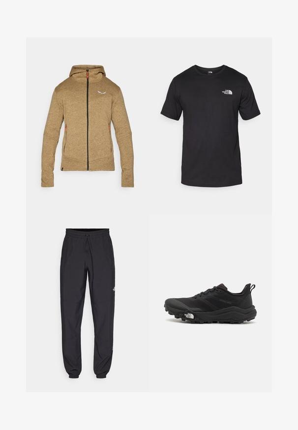 Haut en polaire marron avec une fermeture éclair sur toute la longueur, deux poches latérales et une capuche réglable. Présente des tirettes de fermeture éclair orange contrastantes et un logo.; T-shirt noir à manches courtes en coton, avec un col rond et un petit logo blanc sur le côté supérieur gauche de la poitrine.; Pantalon de sport noir en tissu léger, avec une taille à cordon, des poches latérales et des chevilles resserrées.; Chaussure de trail running noire avec une tige texturée, semelle en caoutchouc et bout renforcé. Présente un col rembourré et une tirette pour un enfilage facile.