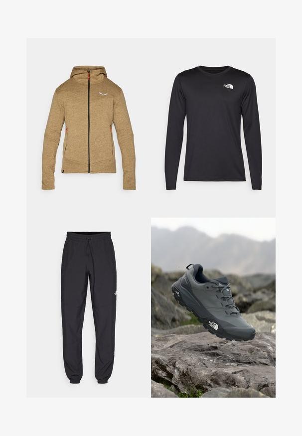 Hanorac din fleece maro cu fermoar pe toată lungimea, două buzunare laterale și o glugă ajustabilă. Dispune de manere ale fermoarului de culoare portocalie contrastantă și un logo.; Tricou de performanță negru cu mânecă lungă, realizat dintr-un material ușor, având un logo alb pe partea superioară stângă a pieptului. Textură netedă.; Pantaloni atletici negri, confecționați dintr-un material ușor, cu un tiv elastic la talie, buzunare laterale și tivuri ajustate la gleznă.; Pantof de alergare pe trasee gri, cu o partieră texturată, talpă din cauciuc durabil și vârf întărit. Dispune de șireturi și logo-ul brandului pe lateral.