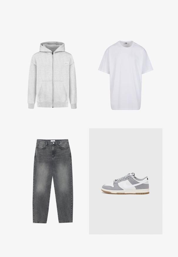 Felpa grigia con zip realizzata in tessuto morbido, con zip frontale, due tasche laterali e polsini e orlo a coste. Piccola etichetta con logo sul petto.; Maglietta bianca in cotone con maniche corte, scollatura rotonda, vestibilità comoda e senza loghi o motivi visibili. Texture liscia e design minimale.; Jeans a vita alta, dal taglio ampio in denim nero sbiadito. Presentano cinque tasche, passanti per cintura e un design dritto e pulito.; Sneaker grigia e bianca con tomaia in suede e pelle, punta arrotondata, lacci piatti e soletta in gomma con un accento color caramello.