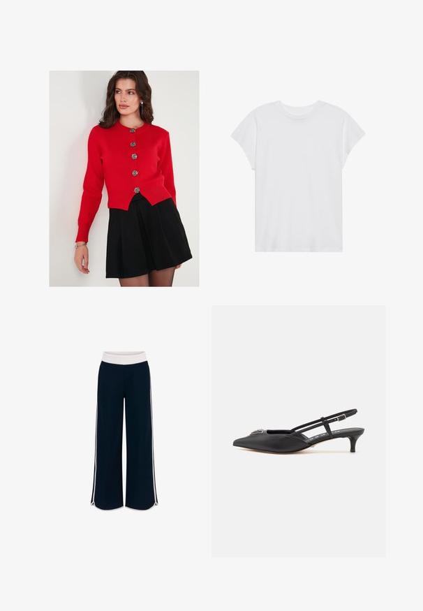 Rode cardigan met lange mouwen, ronde halslijn en decoratieve zilveren rozenknopen. Gecombineerd met een zwarte geplooide rok. Soepele textuur.; Witte t-shirt met korte mouwen, ronde hals, relaxte pasvorm, gemaakt van zacht katoen. Glad textuur, geen patronen of logo's.; Marineblauwe wijde broek met een witte elastische tailleband en contrasterende zijstrepen. Soepele textuur met een losse pasvorm en zijsplitten aan de zoom.; Zwarte slingback schoenen met een puntige neus, gemaakt van glad materiaal, met een kleine hak en een decoratieve zilverkleurige accent op de wreef.