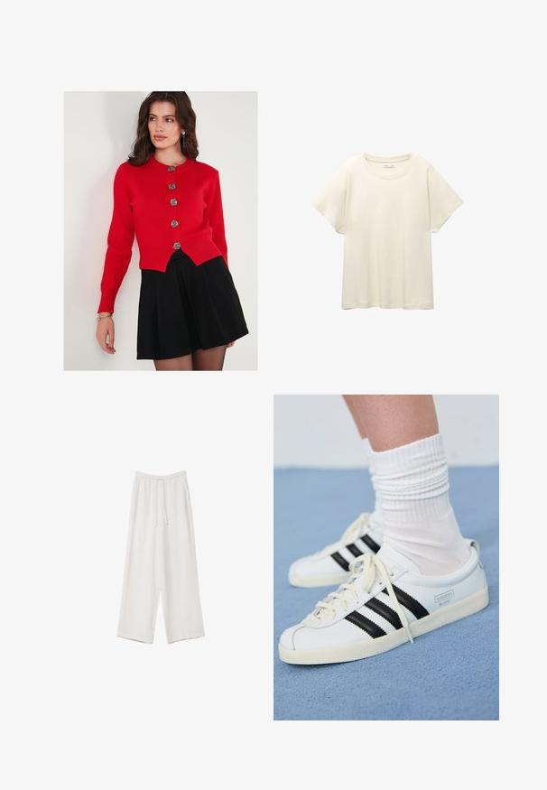 Crvena kardigan s dugim rukavima, okruglim izrezom i dekorativnim srebrnim gumbima u obliku ruže. Uparen s crnom plisiranom suknjom. Glatka tekstura.; Svijetlo bež majica kratkih rukava s okruglim izrezom, izrađena od meke, glatke tkanine. Karakterizira je opušteni kroj i ravni rub.; Bijele hlače širokih nogavica napravljene od lagane tkanine. Imaju elastičan pojas s ušicom i bočne džepove. Glatka tekstura.; Bijele kožne tenisice s crnim prugama, kremasto bijela potplat i svijetle vezice. Nosi se s bijelim rebrastim čarapama, postavljeno na plavoj pozadini.