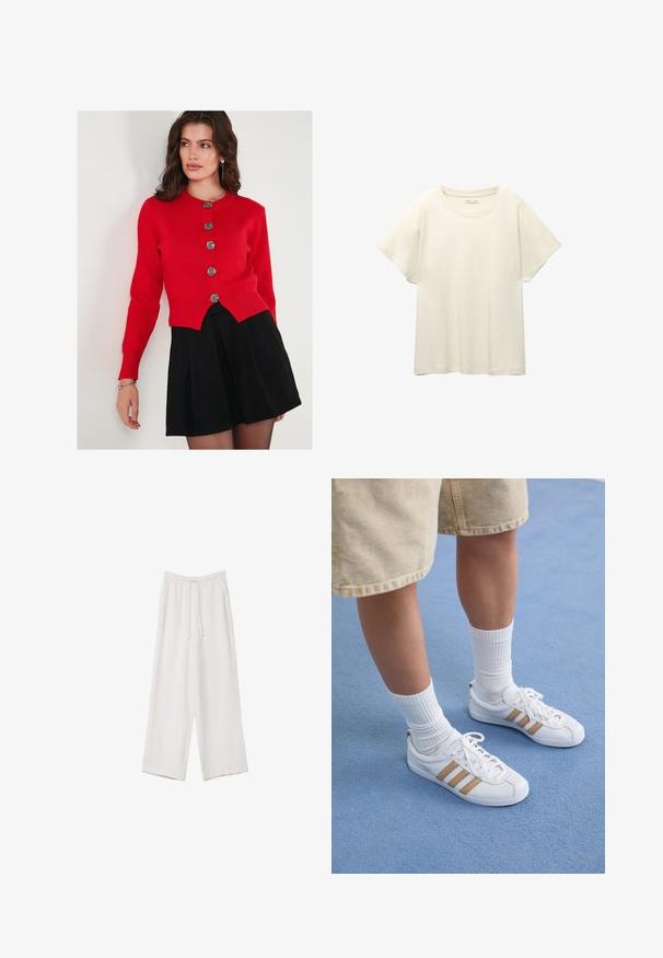 Roter Cardigan mit langen Ärmeln, rundem Halsauschnitt und dekorativen silbernen Rosenknöpfen. Kombiniert mit einem schwarzen, plissierten Rock. Glatte Textur.; Helles beige T-Shirt mit kurzen Ärmeln und Rundhalsausschnitt, aus weichem, glattem Stoff gefertigt. Verfügt über eine lockere Passform und einen geraden Saum.; Weiße weit geschnittene Hose aus leichtem Stoff. Mit einem elastischen Bund und Kordelzug sowie Seitentaschen. Glatte Textur.; Weiße Sneakers mit drei goldenen Streifen, Schnürdesign, Gummisohle, getragen mit gerippten weißen Socken und beigen Shorts auf einer blauen Fläche.