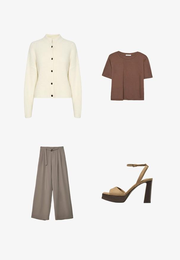 Krémový pletený cardigan s vysokým límcem, který má šest černých knoflíků vpředu a strukturovaný vzor po celém materiálu.; Hnědé tričko s krátkým rukávem vyrobené z měkké látky, s kulatým výstřihem a volným střihem. Bez viditelných vzorů nebo dekorací.; Kalhoty s širokými nohavicemi v měkké, tlumené šedé látce, s páskem v pase a sklady pro přidaný designový detail. Hladká textura, bez vzorů.; Bežové semišové sandály na vysokém podpatku s širokým předním páskem a páskem kolem kotníku, s masivním dřevěným blokovým podpatkem s texturovaným povrchem.