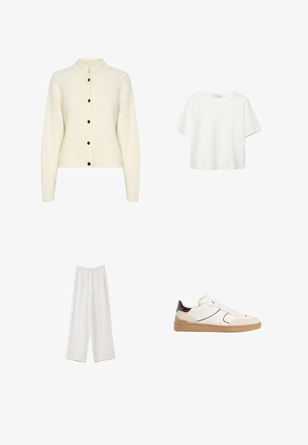 Kremni pleteni kardigan z visokim ovratnikom, ki ima šest črnih gumbov spredaj in teksturiran vzorec po tkanini.; Bela kratka majica s kratkimi rokavi iz bombaža. Ima okroglo izrezovanje in sproščen kroj. Gladka tekstura brez vidnih vzorcev ali poudarkov.; Bele široke hlače iz lahkega materiala. Imajo elastičen pas s vrvico in stranske žepe. Gladka tekstura.; Stradivarius Športni copati - white