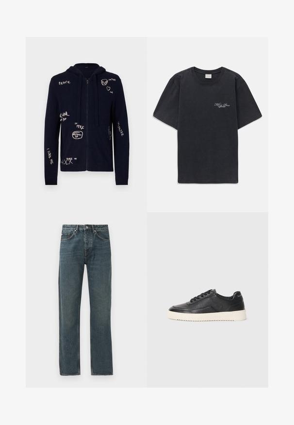 Hanorac cu fermoar de culoare bleumarin, realizat dintr-un material moale, având diverse mesaje și designuri brodate, inclusiv accente cu craniu și cactuși.; Tricou negru cu mânecă scurtă și gât rotund, având un mic logo alb "Filling Pieces" pe partea stângă a pieptului.; Jeans din denim de culoare albastru închis, cu un design drept, având cinci buzunare, închidere cu nasture și detalii de cusătură în contrast.; Pantofi sport negri din piele cu finisaj texturat, vârf rotund și talpă plată din cauciuc alb. Dispune de șireturi negre și branding pe toc.