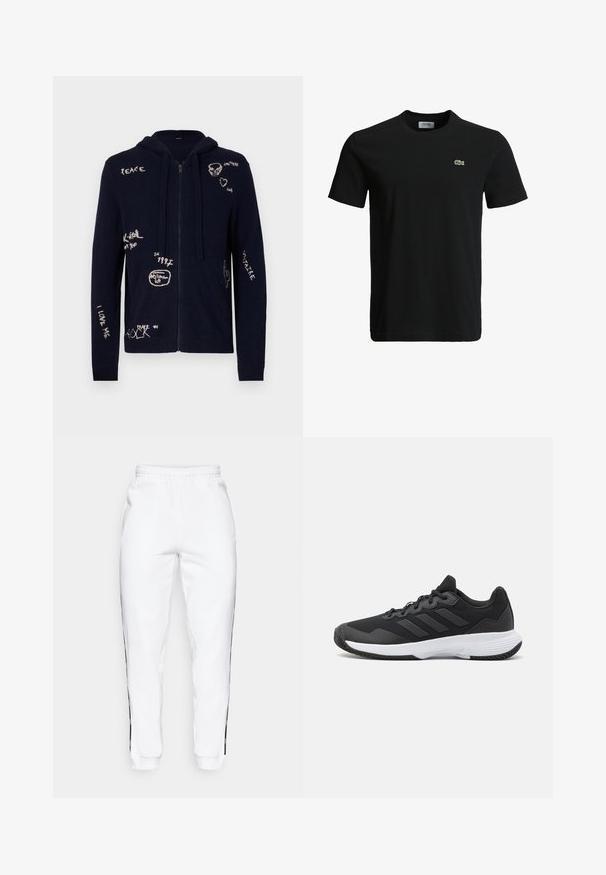 Tamsiai mėlynas užtrauktukas megztinis, pagamintas iš švelnios medžiagos, su įvairiais siuviniais ir raštais, įskaitant kaukolės ir kaktuso akcentus.; Juodas medvilninis marškinėliai su apvaliu kaklu, trumpomis rankovėmis ir mažu žaliu krokodilo logotipu kairėje krūtinės pusėje. Lygi tekstūra, kasdieniškas dizainas.; Baltos sportinės kelnės su elastinga juosmena, turinčios juodas šonines juosteles ir rankogalius. Pagamintos iš minkštos medžiagos su lygia tekstūra.; Juodas sportinis batelis su tekstūruota viršutine dalimi, trimis horizontaliomis juostelėmis ir baltu padu su raštuotu protektoriumi. Lengvas ir aerodinamiškas dizainas.