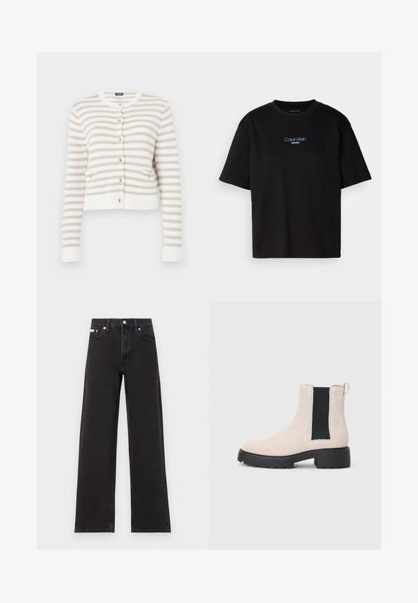 Cardigã listrado em creme e bege com decote redondo, bolsos frontais e fecho com botões. Textura malhada com punhos e bainha canelados.; T-shirt preta de algodão com gola redonda, mangas curtas e logo bordado azul "Calvin Klein JEANS" na parte da frente.; Jeans de perna larga pretos feitos de denim, apresentando uma cintura alta, estilo de cinco bolsos e um fecho em botão de metal com costura contrastante.; Bota Chelsea em camurça bege com painel elástico preto, sola grossa preta e puxador no tornozelo.