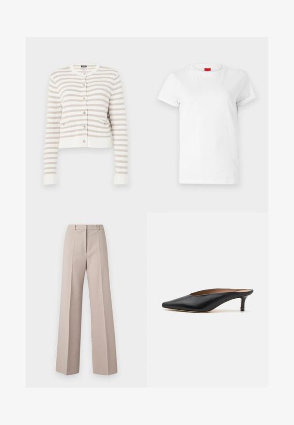 Cream and beige striped cardigan with a round neckline, front pockets, and button closure. Knitted texture with ribbed cuffs and hem.; White short-sleeve t-shirt made of lightweight cotton. Features a round neckline and rolled sleeves. Red logo tag on the collar.; Beige wide-leg trousers made from a smooth fabric, featuring a high waist, front pleats, and a tailored silhouette.; Black leather mules with a pointed toe and low, block heel. Smooth texture with a sleek design. Open back with minimal detailing.