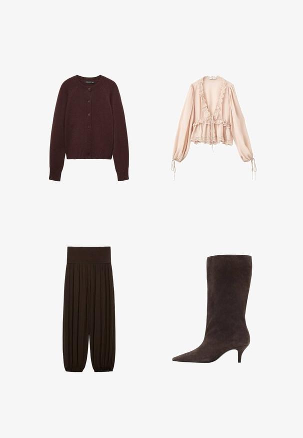 Burgundy knitted cardigan with a round neckline, long raglan sleeves, and front buttons. Features ribbed cuffs and hem.; Blush pink blouse with long sleeves, ruffled neckline, drawstring waist, and lace trim at the cuffs and hem. Lightweight, textured fabric.; Brown pleated pants with a wide, elastic waistband. The fabric is lightweight and textured, featuring gathered hems at the cuffs.; Brown suede knee-high boot with a pointed toe and a mid-height heel, featuring a smooth texture and sleek design.