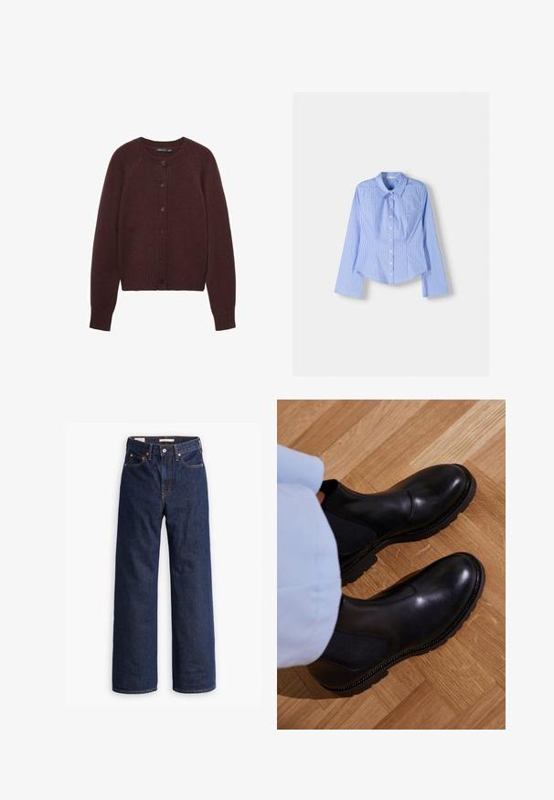 Burgundy knitted cardigan with a round neckline, long raglan sleeves, and front buttons. Features ribbed cuffs and hem.; Blue and white striped long-sleeve button-up shirt with a spread collar, tailored fit, and curved hemline. Textured cotton material.; Dark blue straight-leg denim jeans with five pockets, orange stitching, and a button fly closure.; Black ankle boots made of smooth leather with elastic side panels, a textured rubber sole, and contrast stitching along the edge.