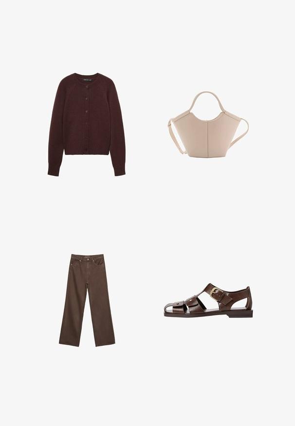 Bordeaux gebreid vest met een ronde halslijn, lange raglanmouwen en knopen aan de voorkant. Voorzien van geribde boorden en zoom.; Bruine korte mouwen t-shirt van zachte stof, met een ronde halslijn en een relaxte pasvorm. Soepele textuur zonder patronen of accenten.; Brede bruine spijkerbroek van denim, met een hoge taille, voorzakken en een klassieke knoopsluiting. Soepele textuur met subtiele stiksels.; Bruine leren sandaal met een uitgesneden ontwerp, verstelbare zijkliks en platte zool, met metalen accenten en open teen.; Beige leren handtas met een unieke vorm, voorzien van twee korte handvatten en een lange verstelbare schouderriem. Glad oppervlak met minimale hardware.