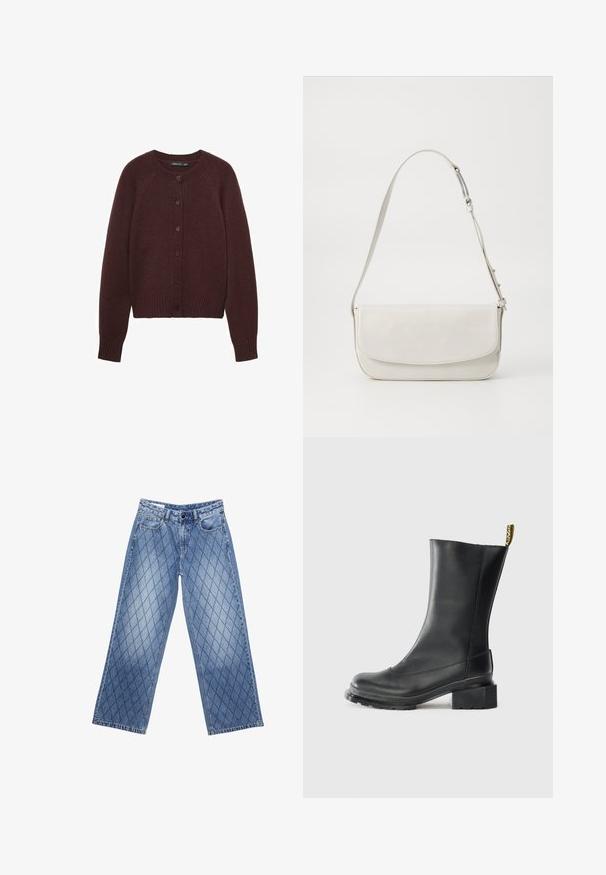 Burgunderfarbener Strickcardigan mit Rundhalsausschnitt, langen Raglanärmeln und Frontknöpfen. Mit gerippten Bündchen und Saum.; Weißes T-Shirt mit kurzen Ärmeln aus weichem Baumwollstoff, mit einem runden Ausschnitt und lässigem Schnitt mit geradem Saum, schlicht ohne Muster oder Grafiken.; Weite Jeans aus Denim in Hellblau mit einem gesteppten Diamantmuster, ausgestattet mit fünf Taschen und einem Knopfverschluss an der Taille.; Schwarze Leder-Stiefelette mit Blockabsatz, glatter Textur, abgerundeter Zehenpartie und einer Fersenschlaufe mit gelbem Branding.; Weiße Leder-Schultertasche mit glatter Oberfläche, rechteckiger Form, Klappenverschluss und verstellbarem Tragegurt. Schlichte Steppnähte.