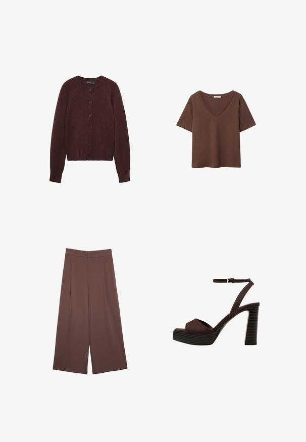Bordo pleten cardigan z okroglim izrezom, dolgimi raglan rokavi in sprednjimi gumbi. Opremljen je z rebrastimi manšetami in robom.; Rjava bombažna majica s kratkimi rokavi in globokim V-izrezom. Preprost dizajn, mehak material in raven rob. Brez vzorcev ali dekorativnih elementov.; Rjave široke hlače z gladko teksturo, ki imajo visok pas in sprednje naborke. Tkanina je lahka in prosto pada.; Rjave semiš sandale z visoko peto, odprto spredaj, z nastavljivim gležnjenjem in črtastim podplatom.