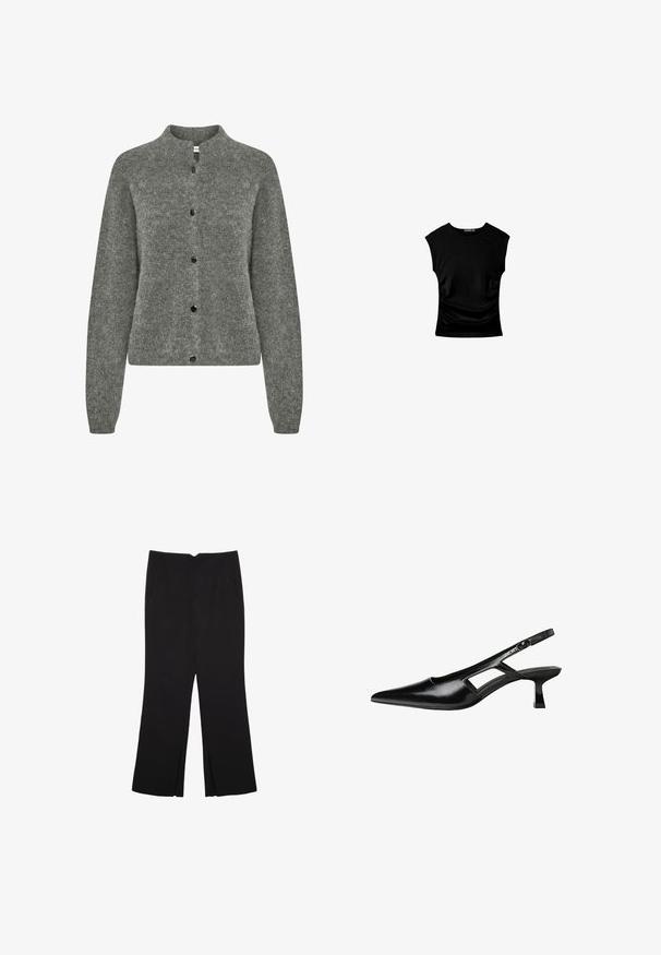 Grå cardigan i strukturerad stickad tyg, med rund halsringning, långa ärmar och svarta knappar fram.; Svart kortärmad topp gjord av stretchigt tyg, med en figursydd design och veckad detaljering på sidorna. Slät textur, klassisk form.; Svarta byxor med rak passform, utrustade med framfickor och sidoklyvningar vid fållen. Tillverkade av mjukt, slätt tyg. Lämpliga för olika tillfällen.; Svart lackläder slingback-klackar med spetsig tå, utskuren sidor och en liten fyrkantig klack. Slät textur med minimala accenter.