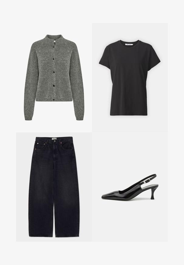 Siv kardigan iz teksturiranega pletenega materiala, z okroglo izreza, dolgimi rokavi in črnimi gumbi spredaj.; Črna bombažna majica s klasičnim okroglim izrezom, kratkimi rokavi in sproščenim krojem. Gladka tekstura, brez vidnih vzorcev ali dodatkov.; Široke črne jeans hlače iz denima s bakrenimi gumbi, dvema sprednjima žepoma in gladko teksturo. Čist dizajn s ravnim krojem.; Črne lakirane slingback visoke pete z ostrim nosom in srebrno zaponko na peti, z gladkim, sijajnim zaključkom.
