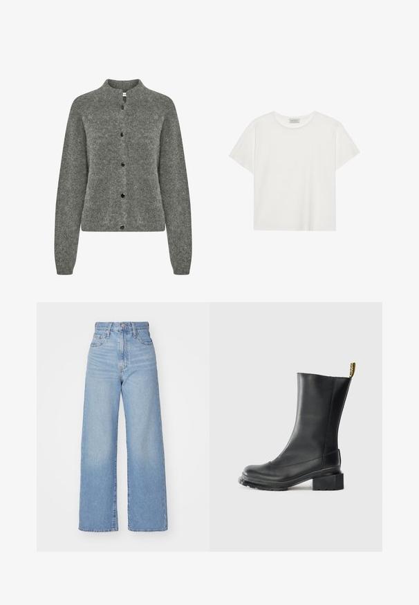 Pelēks kardigans, izgatavots no struktūras dzijas, ar apaļu izgriezumu, garām piedurknēm un melnām pogām priekšpusē.; Balts īsām piedurknēm T-krekls, kas izgatavots no mīksta kokvilnas. Tam ir apaļš izgriezums un brīvs piegriezums. Tīrs dizains bez redzamām rakstiem vai akcentiem.; Gaiši zili augstās jostas vidukļa platās bikses ar priekšējo pogu un rāvējslēdzēju, priekšējām un aizmugurējām kabatām uz baltā fona.; Melna ādas potīšu kurpe ar blokveida papēdi, gluda tekstūra, noapaļota pirksta daļa un papēža cilpa ar dzeltenu zīmolu.