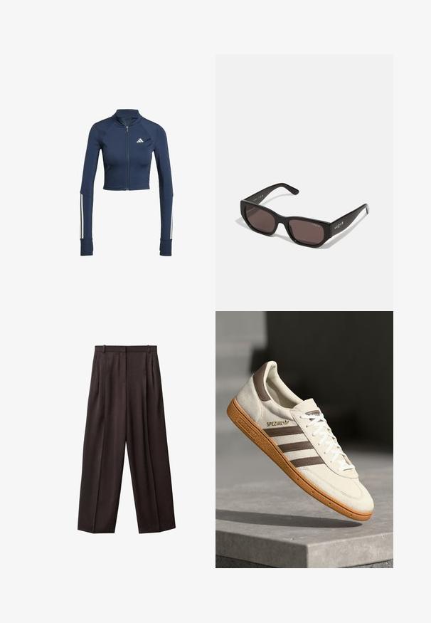 Marineblå cropped zip-up jakke med lange ærmer, ribbet tekstur på skuldrene, hvide stribebesætninger på ærmerne og et lille hvidt logo.; Sort trænings crop top med lynlås foran, lavet af glat stof. Har en grøn indvendig halsudskæring og et hvidt logo på siden.; Bredde benbukser i mørkebrun stof. Funktioner inkluderer plisseringer foran, en talje med bæltesløjfer og sidelommer. Glat tekstur.; Hvide ruskind sneakers med brune læderdetaljer, tre brune striber og hvide snørebånd. Har en struktureret gummisål og et gyldent "SPEZIAL" logo.; Sorte rektangulære solbriller med mørke linser. Har en glat plastisk ramme og logo-detalje på stængerne. Rent, moderne design.