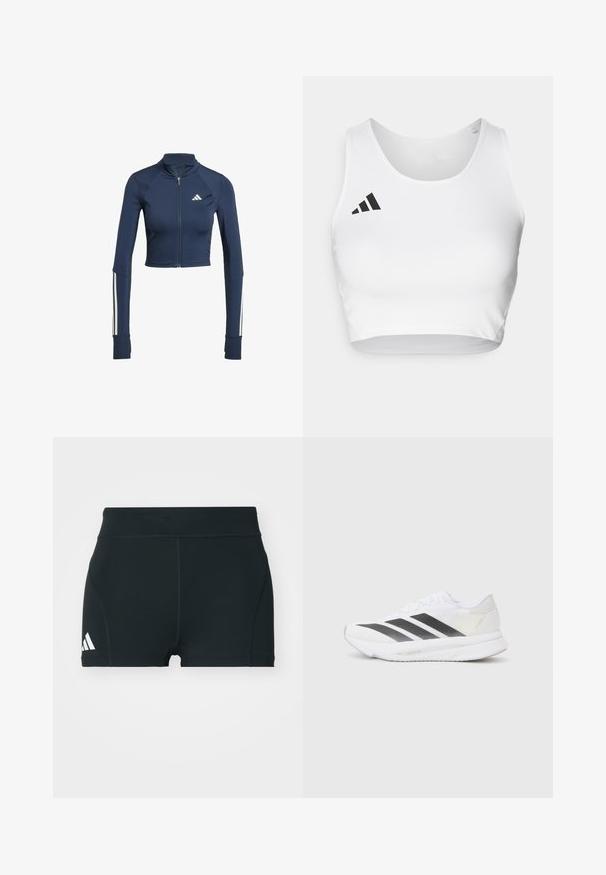 Marineblå cropped zip-up jakke med lange ærmer, ribbet tekstur på skuldrene, hvide stribebesætninger på ærmerne og et lille hvidt logo.; Hvid sports crop top lavet af glat stof, med en rund halsudskæring og en sort logoaccent på venstre side.; Sorte atletiske shorts lavet af strækbart stof, med høj talje, tætsiddende form og hvidt Adidas-logo på venstre side.; Hvide sportsko med sorte diagonale striber, mesh-overdel, rund tå og tekstureret sål. Accenter inkluderer en sølv hæl og et minimalistisk design.
