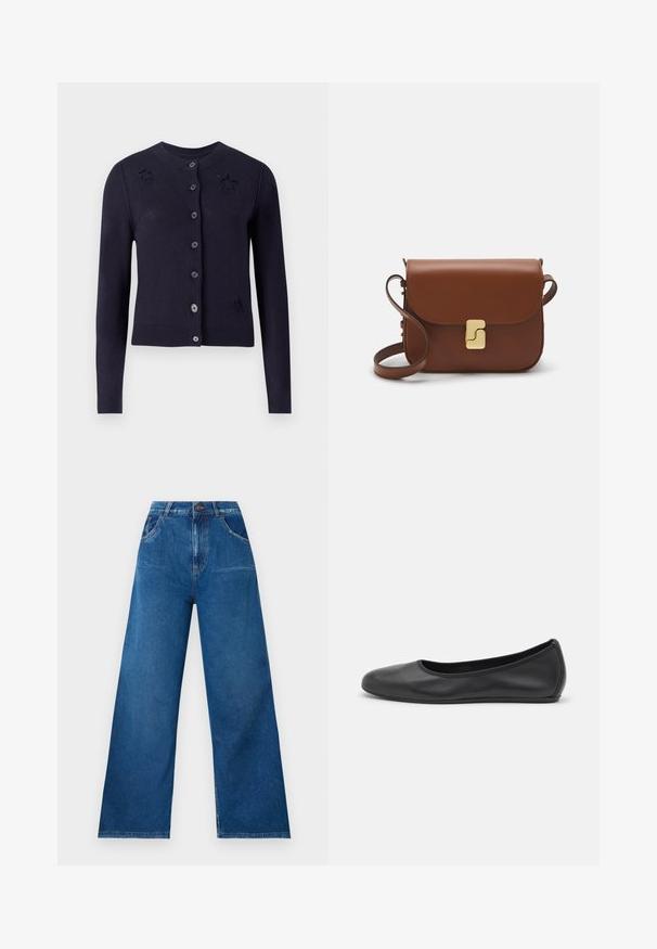 Navy blue cardigan made of soft fabric, featuring long sleeves, front buttons, and star-shaped perforations on the chest.; White long-sleeve collared shirt made of cotton. Features a button-down front and a single chest pocket. Smooth texture, relaxed fit.; Wide-leg jeans in dark blue denim with a high waist, featuring front and back pockets, and contrast stitching details.; Black leather ballet flat with a rounded toe, smooth texture, minimal stitching detail, and a flexible sole design.; Brown leather handbag with a flap closure, gold-tone hardware, a shoulder strap, and a smooth texture. Compact rectangular shape.