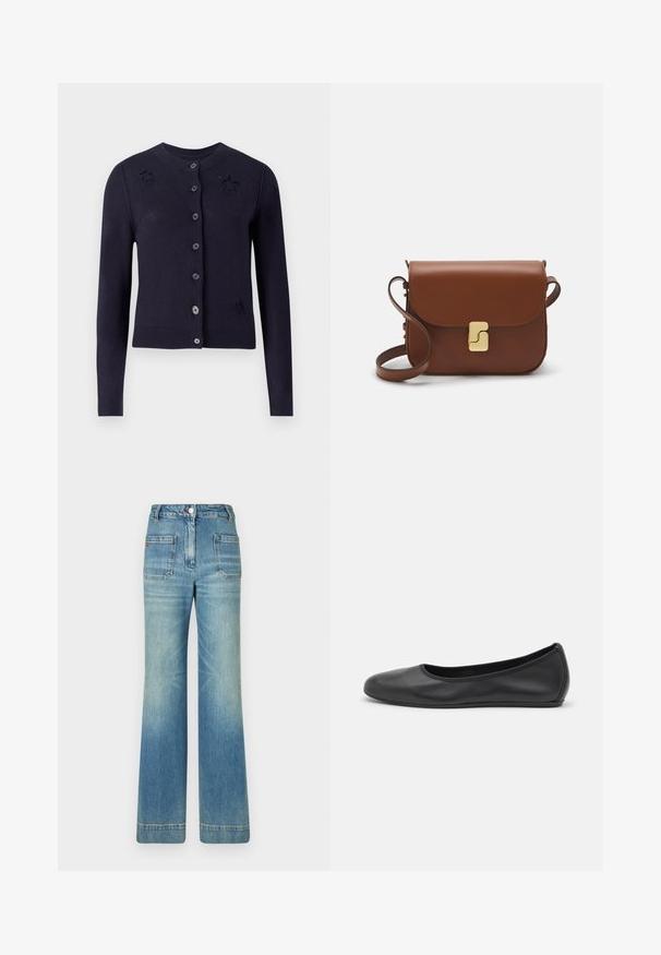Navy blue cardigan made of soft fabric, featuring long sleeves, front buttons, and star-shaped perforations on the chest.; White short-sleeve t-shirt made of ribbed fabric. Round neckline, regular fit, and subtle stitching details. No patterns or graphics.; Light blue denim flared jeans with five pockets, belt loops, button closure, and a slightly faded texture, featuring a red logo detail on the back.; Black leather ballet flat with a rounded toe, smooth texture, minimal stitching detail, and a flexible sole design.; Brown leather handbag with a flap closure, gold-tone hardware, a shoulder strap, and a smooth texture. Compact rectangular shape.