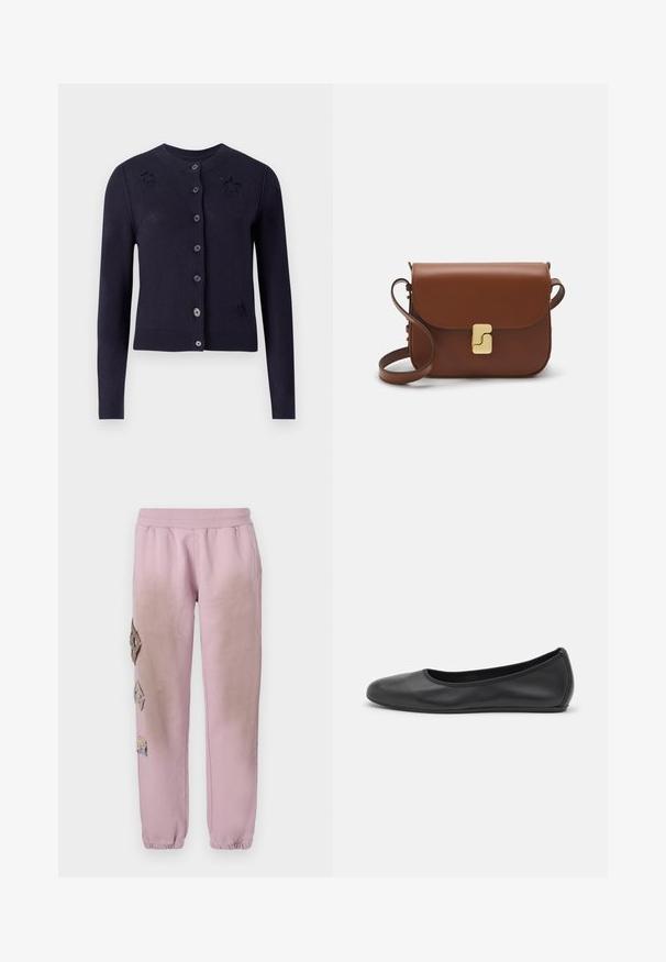 Tmavomodrý sveter vyrobený z mäkkej tkaniny, s dlhými rukávmi, prednými gombíkmi a perforáciami tvaru hviezdy na hrudi.; Biela krátka tričko s krátkymi rukávmi vyrobené z rebrovanej látky. Klasický okrúhly výstrih, bežný strih a jemné švy. Bez vzorov alebo grafiky.; Ružové tepláky s elastickým pásom, s ozdobnými nášivkami v tvare diamantu na ľavej strane a elastickými manžetami na členkoch.; Čierne kožené baleríny s okrúhlou špičkou, hladkým povrchom, minimálnym prešívaním a flexibilným dizajnom podrážky.; Hnedá kožená kabelka s klopou, zlatými kovovými prvkami, ramenným popruhom a hladkým povrchom. Kompaktný obdĺžnikový tvar.