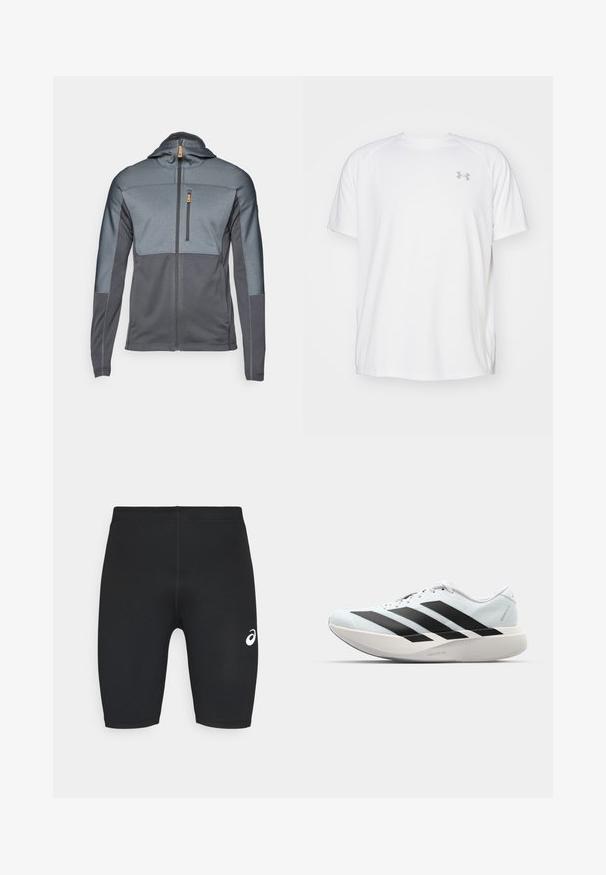 Szürke cipzáras dzseki kapucnival és kontrasztos textúrájú panelek. Tartalmaz egy mellzsebet és sima anyagot. Elöl cipzáras záródás.; Fehér, rövid ujjú sportpóló sima anyagból. Kerek nyakkivágással és szürke logóval a bal mellkasnál, az alján oldalsó hasítékokkal.; Fekete sportnadrág sima textúrával, testhezálló kialakítással, és fehér logóval a bal oldalon. Nincsenek látható zsebek vagy hardver részletek.; Világoskék, fekete csíkos könnyű futószerek. Simább felső résszel, kerek orral és vastag fehér középtalppal, amelyen a "LIGHTSTRIKE PRO" felirat olvasható.
