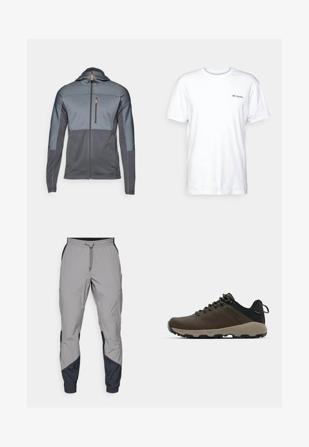Giacca grigia con zip e cappuccio, caratterizzata da pannelli testurizzati a contrasto. Presenta una tasca sul petto e un tessuto liscio. Chiusura frontale con zip.; T-shirt bianco in cotone con maniche corte, colletto rotondo e un piccolo logo nero Columbia sul petto sinistro. Design semplice e morbido.; Pantaloni sportivi leggeri grigi con accenti neri. Vita elastica, chiusura con cordino, design a gamba affusolata e tasche laterali.; Sneakers impermeabili marroni con tomaia testurizzata, dettagli perforati, supporto al tallone nero e suola in gomma grigia. I lacci sono decorati con estremità metalliche.