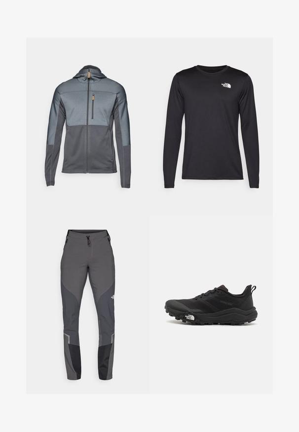 Casaco cinza com fecho éclair e capuz, com painéis têxteis em contraste. Apresenta um bolso no peito e tecido suave. Fecho frontal com zíper.; Camisola de desempenho preta de mangas longas, feita de tecido leve, com um logótipo branco no lado superior esquerdo do peito. Textura suave.; Calças de caminhada cinzas com um design ajustado, múltiplos bolsos e acentos contrastantes em cinza escuro e preto. Feitas de um material flexível e durável.; Sapatilha de trail running preta com um upper texturizado, sola de borracha e biqueira reforçada. Possui um colarinho acolchoado e uma alça para facilitar o calçar.